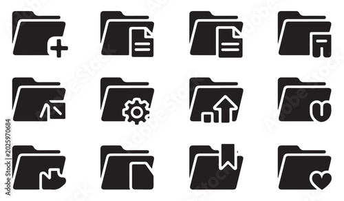Foto Document folder action icons showing upload download add and bookmark functions for software