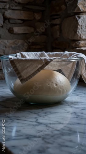 A risen wheat dough ball sits in a large glass mixing bowl, covered with a linen cloth, resting on a polished marble kitchen countertop against a stone wall.