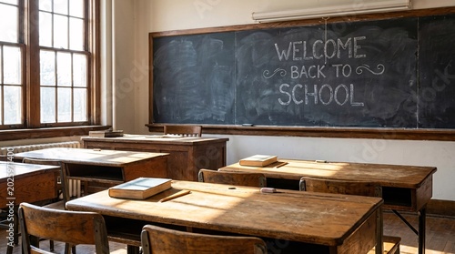 Welcome back to school chalk writing on a vintage classroom blackboard with wooden desks and sunlight in a quiet academic setting