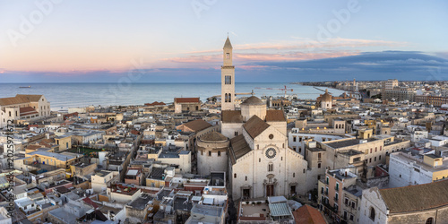 Bari, Italy Aerial View: Historic Old Town Cityscape With Basilica Di San Nicola And Adriatic Sea At Sunset