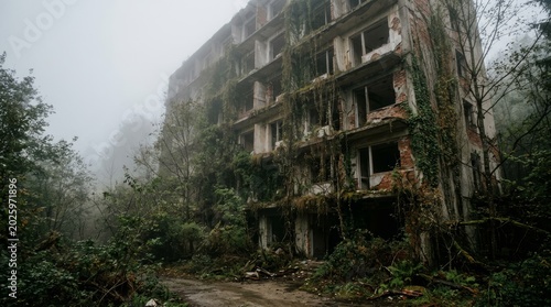 Abandoned overgrown apartment building covered with vines in foggy forest creating a haunting post apocalyptic urban decay scene where nature reclaims ruined architecture and forgotten spaces outdoors