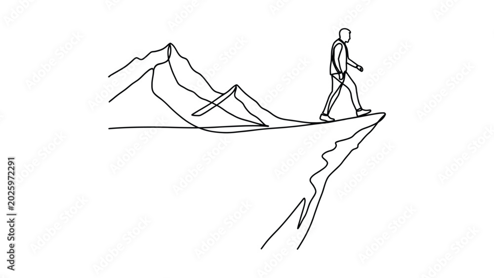 Fototapeta premium Continuous line art of a man walking on a mountain edge.