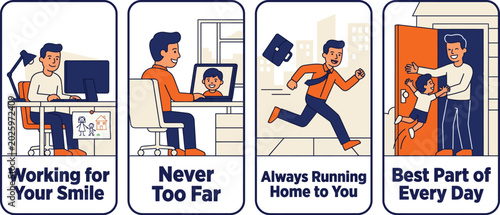Illustrations depict a man's daily routine, from working at his desk to returning home to his family