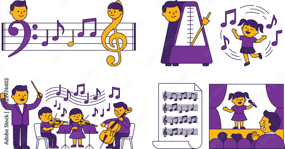 Obraz premium Joyful Illustrations of Children Engaged in Musical Activities, from Learning Instruments to Performing on Stage, Highlighting Music Education and Artistic Expression