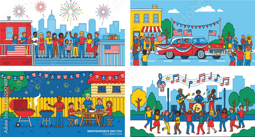 Vibrant vector illustrations depicting diverse Independence Day celebrations, featuring city fireworks, patriotic parades, family barbecues, and lively outdoor concerts