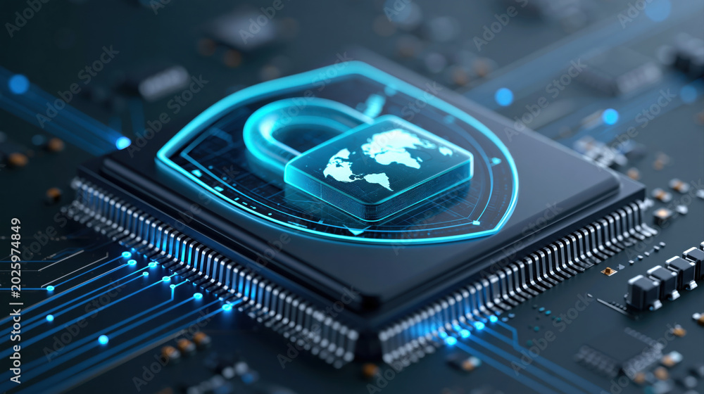 Fototapeta premium Secure microchip with glowing padlock and world map, cybersecurity concept, blue circuit board, data protection, glowing shield, technology