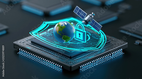Digital security shield globe satellite lock concept protecting data on microchip, glowing cyber defense illustration