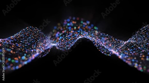 Abstract ethereal wavy stream of glowing multicolor particles shimmering and flowing with luminous energy against a deep, tenebrous void, evoking digital data flow and cosmic formations