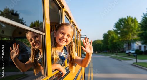 Two smiling young girls wave from inside a yellow school bus window, representing the joy of returning to school and the start of a new academic year.