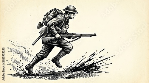Soldier running forward with rifle in a vintage ink illustration