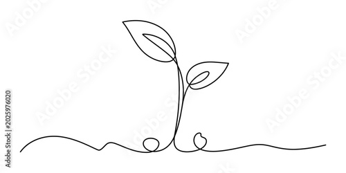 Continuous single line drawing of a small green plant sprout growing from the earth representing nature growth and eco friendly sustainable life Vector, illustration