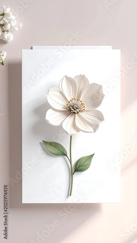 Elegant white flower art on white background with green stem and leaves