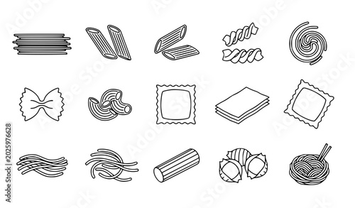 Quadro su tela Pasta Noodles Linear Vector Icon Set with Italian Macaroni Outline Food Symbols