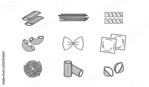 Bild auf Leinwand Traditional Italian Pasta Noodles Editable Outline Vector Icon Set