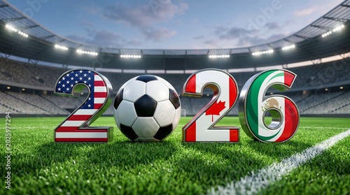 Soccer world cup 2026 with usa canada mexico flag numbers on green stadium field blue sky north america united states football international competition