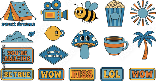 Bild auf Leinwand Retro groovy hippie sticker set featuring vintage 70s elements like bee movie ca