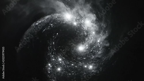 Abstract slow motion spiral formation with bright sparkling particles and light flares on black background