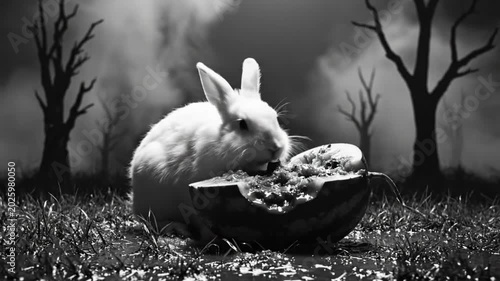 Black and white shot of a fluffy white rabbit eating inside a watermelon rind with spooky trees in the background