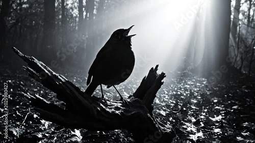 Black and white shot of a bird singing on a branch in a misty forest with sunlight shining through trees