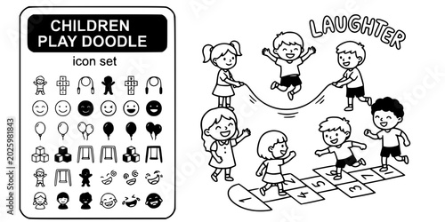 Bild auf Leinwand Children Play Doodle Black White-Hopscotch Jump Rope Laughter-Joy Human Vector-C