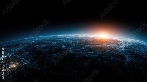 Globe with glowing energy grid under sunrise, cosmic nebula