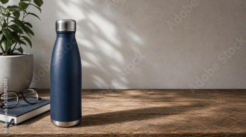 Navy blue water bottle mockup on wooden desk
