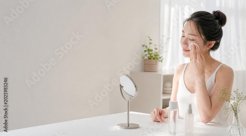 Woman removing makeup at minimalist desk