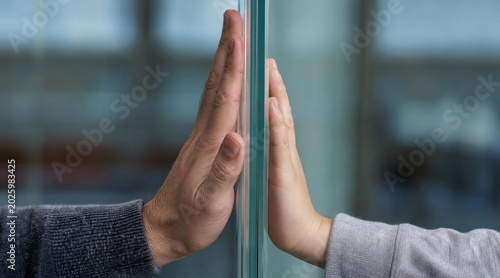 Two hands touching on glass pane