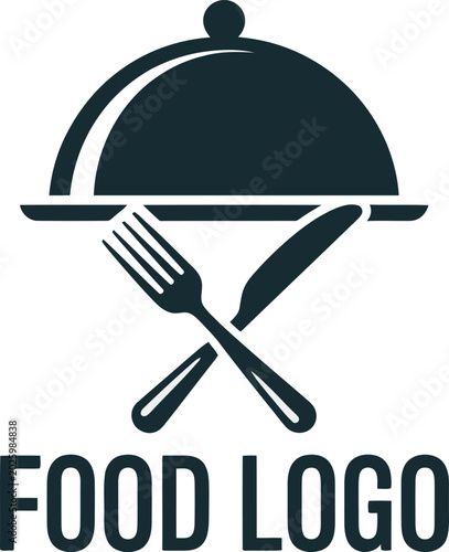 A simple food logo with a covered dish and crossed utensils on a white background