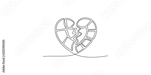 Obraz na płótnie A broken heart outline in a single line drawing style on a white background symb