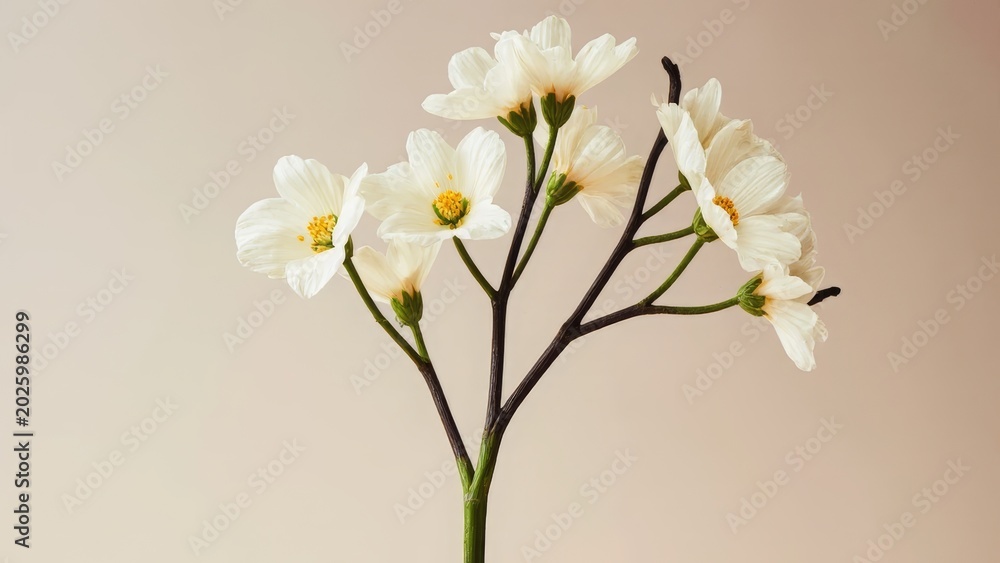 Obraz premium Delicate White Flowers with Yellow Centers on Branching Stems Isolated on Beige Background - Minimalist Floral Concept