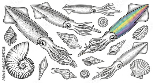 Bild auf Leinwand Collection of marine cephalopods and seashells illustration.