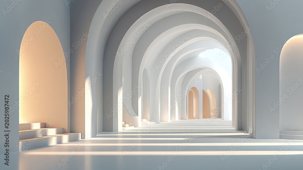 Fototapeta premium Modern architectural corridor with smooth white arches and soft lighting