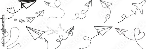 Vector set of hand drawn doodle paper airplane isolated on white background. Line icon symbol of travel and route. Vector icon.Paper plane with dotted line, Origami paper airplane, Travel symbol,