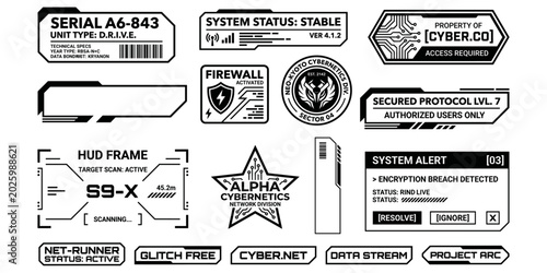 High tech digital display frames and cyberpunk terminal windows set. Black and white sci-fi futuristic user interface elements. Vector illustration.