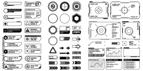 Large collection of sci-fi user interface buttons labels and charts. Black and white sci-fi futuristic user interface elements. Massive set of futuristic interface elements. Vector illustration.