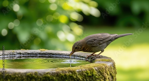 A female blackbird with brown feathers perched on the rim of a stone water bowl in a green garden, dipping its beak for a fresh drink, detail, thirsty, environment