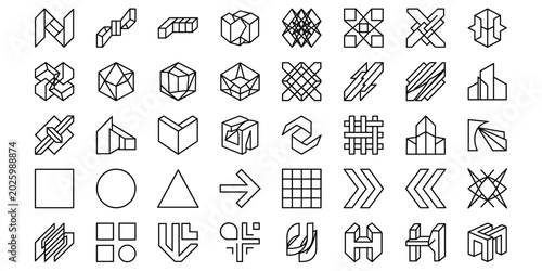 Set of abstract geometric shapes icons minimalist modern line art. Modern geometric linear forms, abstract brutalism shapes. Vector illustration.