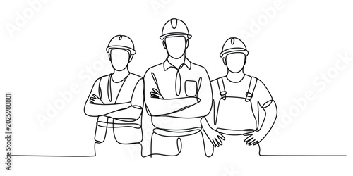 Three construction workers standing in a continuous line art