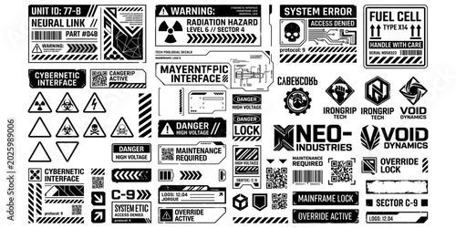 Futuristic sci fi technology labels and warning signs collection. Futuristic science fiction themed labels, including warning signs, tech decals, cybernetic interface markers. Vector illustration.