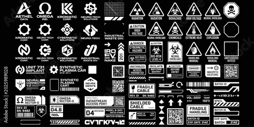Retro futuristic streetwear element, cyberpunk aesthetic decals. Set of industrial hazard and technical warning symbols for scifi graphics. Vector illustration.
