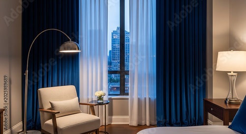 Modern hotel room interior with city view through large window transparent background
