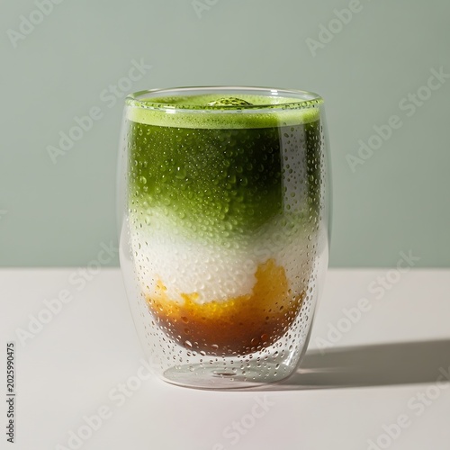 Layered Matcha Latte with Mango Puree in Glass.