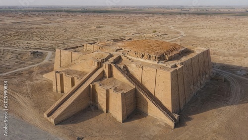 Aerial view of ancient Mesopotamian ziggurat ruins under harsh sunlight. 