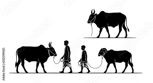Canvas Print Indian farmer silhouette with bull and ram vector, traditional rural livestock h