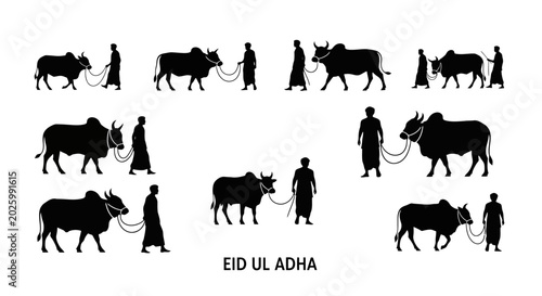 Quadro em tela Eid Ul Adha silhouette collection, Muslim men leading sacrificial cows and bulls