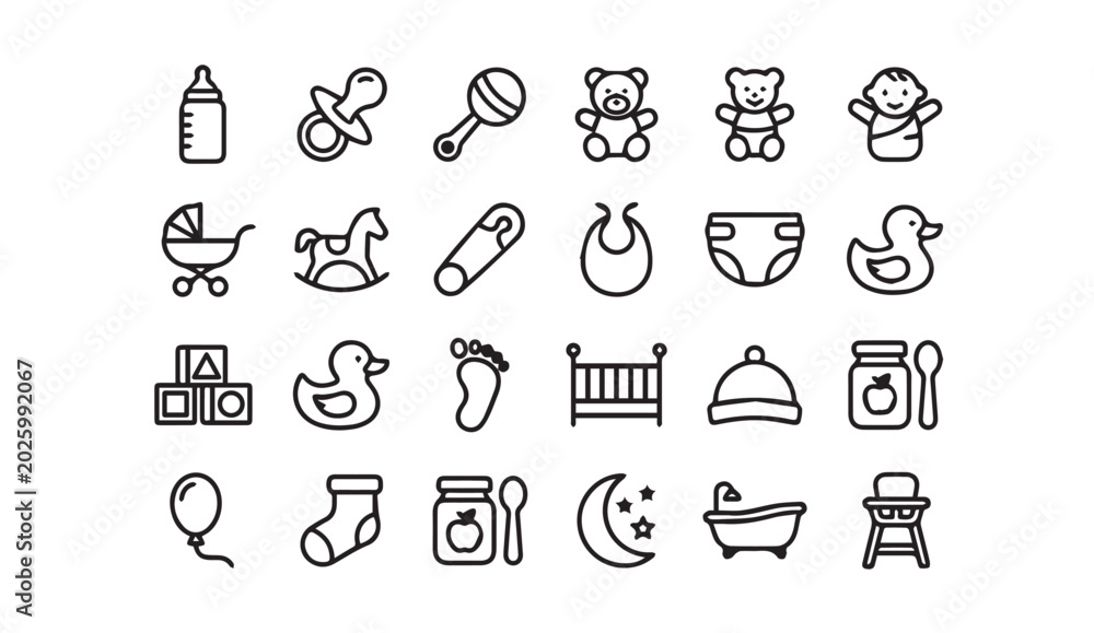 Αυτοκόλλητο Baby childhood and nursery equipment linear icon collection with childhood