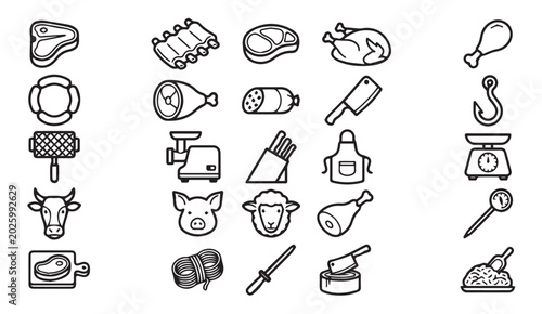 Fotografi Set of meat and butchers shop outline icons with butchery livestock equipment