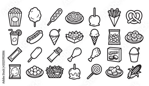 Cuadro en lienzo Street food and carnival snacks line icon collection with carnival, delicious