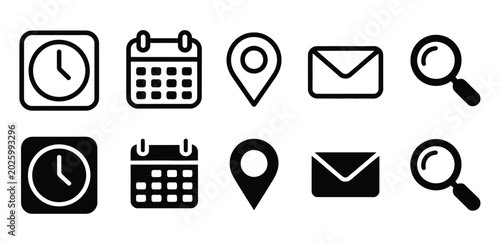 Quadro su tela Time, date, address, email, and search icon set, outline and solid vector collec
